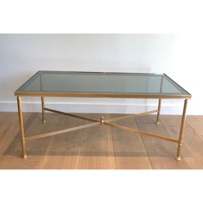 Table Basse Néoclassique Métal Doré Verre Bleuté Goût Maison Jansen 1940