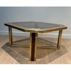 Octagonal Burr Walnut Brass Coffee Table French Work France circa 1970
