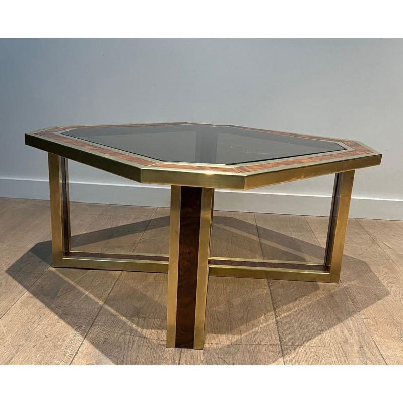 Table Basse Octogonale Ronce Noyer Laiton Travail Français France vers 1970