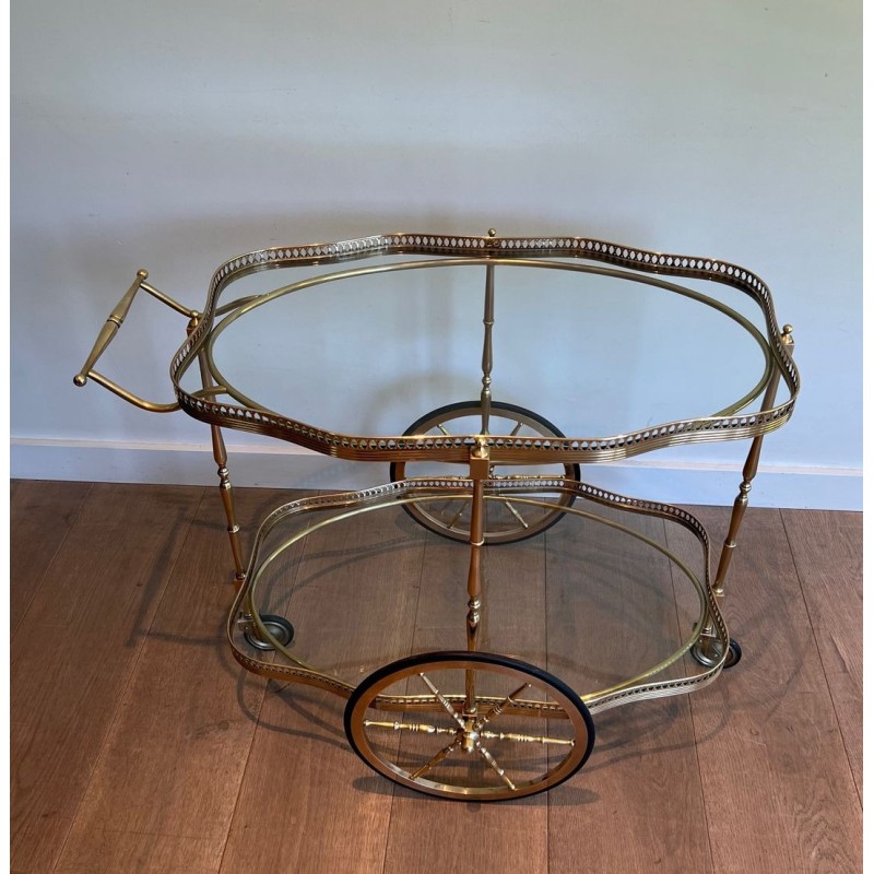 Table Roulante Ovale Néoclassique Laiton Double Plateau Verre Travail Français 1940