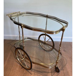 Neoclassical Oval Brass Drinks Trolley Two Glass Shelves French Work circa 1940
