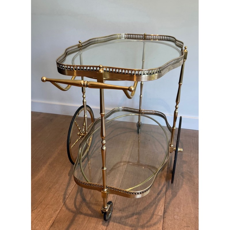 Neoclassical Oval Brass Drinks Trolley Two Glass Shelves French Work circa 1940