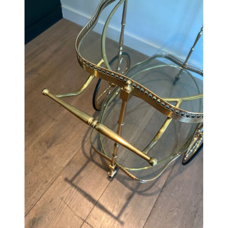 Neoclassical Oval Brass Drinks Trolley Two Glass Shelves French Work circa 1940