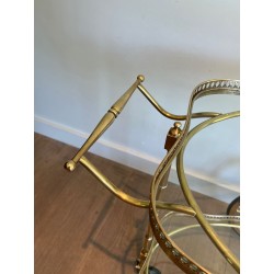 Neoclassical Oval Brass Drinks Trolley Two Glass Shelves French Work circa 1940