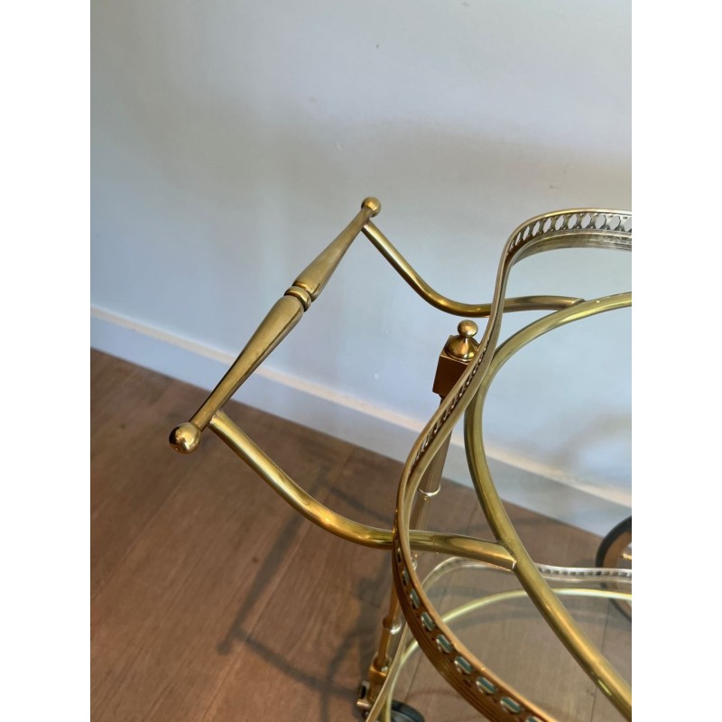 Neoclassical Oval Brass Drinks Trolley Two Glass Shelves French Work circa 1940