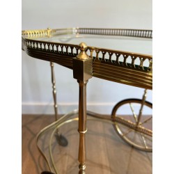 Neoclassical Oval Brass Drinks Trolley Two Glass Shelves French Work circa 1940