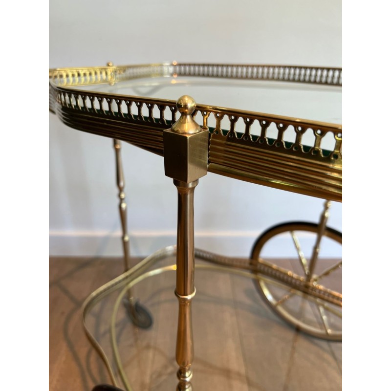 Neoclassical Oval Brass Drinks Trolley Two Glass Shelves French Work circa 1940