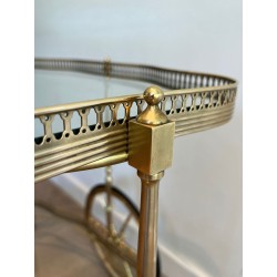 Neoclassical Oval Brass Drinks Trolley Two Glass Shelves French Work circa 1940