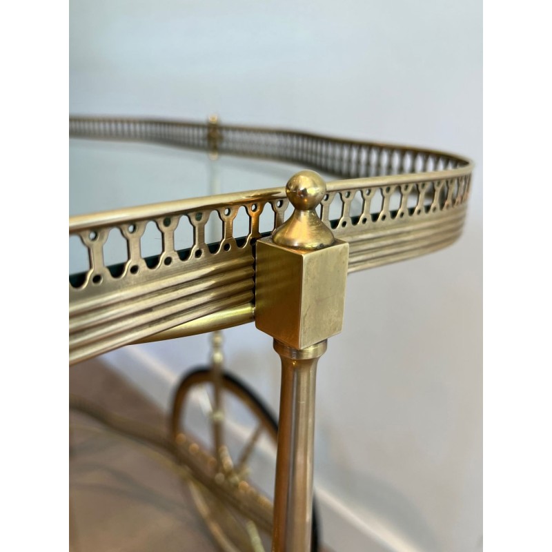 Neoclassical Oval Brass Drinks Trolley Two Glass Shelves French Work circa 1940