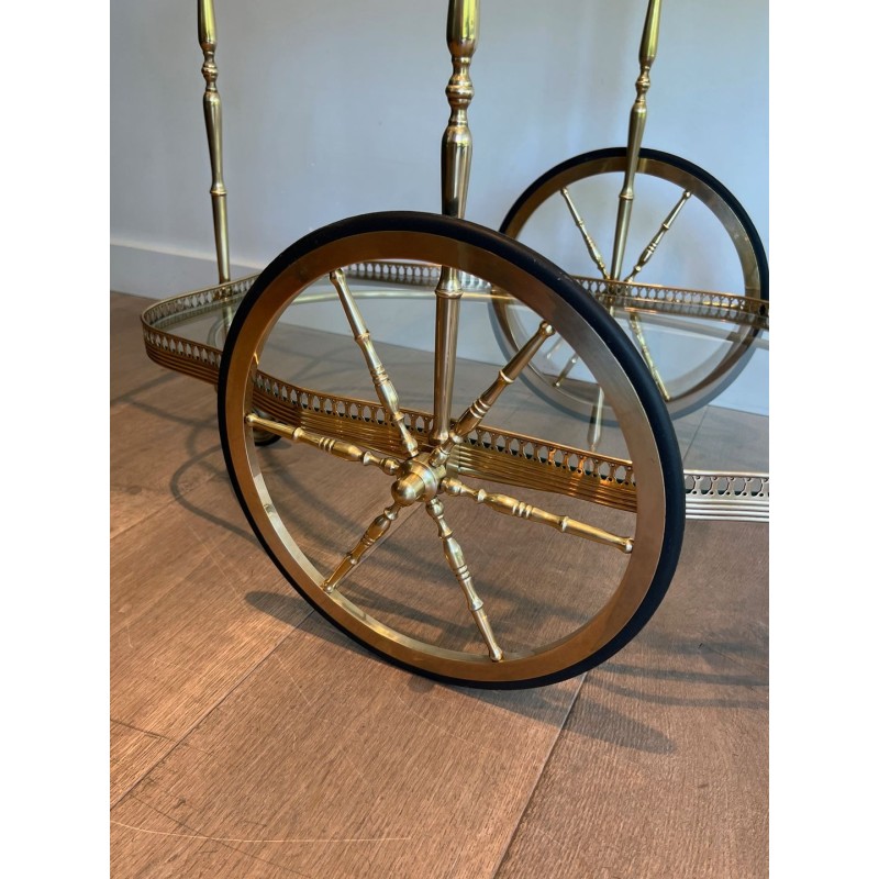 Neoclassical Oval Brass Drinks Trolley Two Glass Shelves French Work circa 1940
