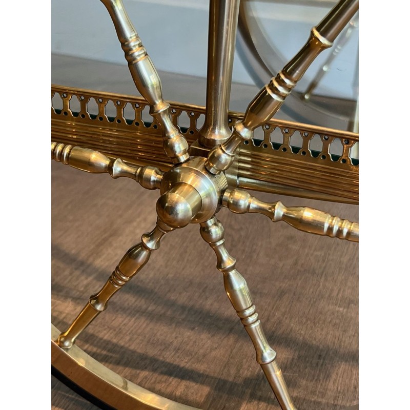 Neoclassical Oval Brass Drinks Trolley Two Glass Shelves French Work circa 1940