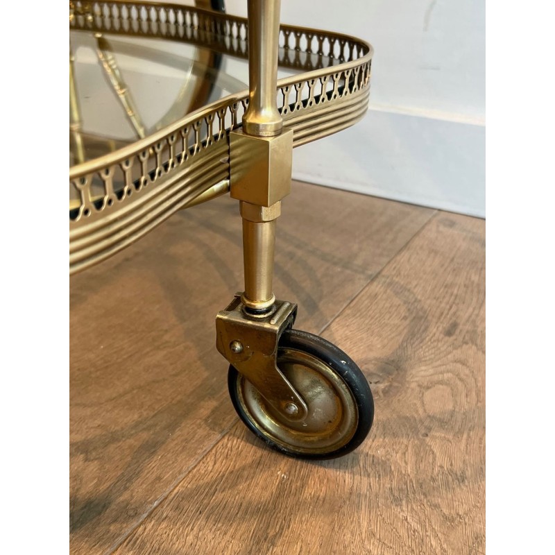 Neoclassical Oval Brass Drinks Trolley Two Glass Shelves French Work circa 1940