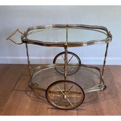 Neoclassical Oval Brass Drinks Trolley Two Glass Shelves French Work circa 1940