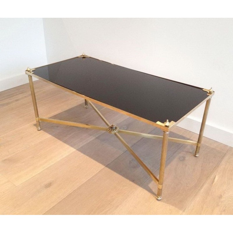 Table Basse Art Déco Laiton Verre Laqué Noir Maison Jansen France vers 1940