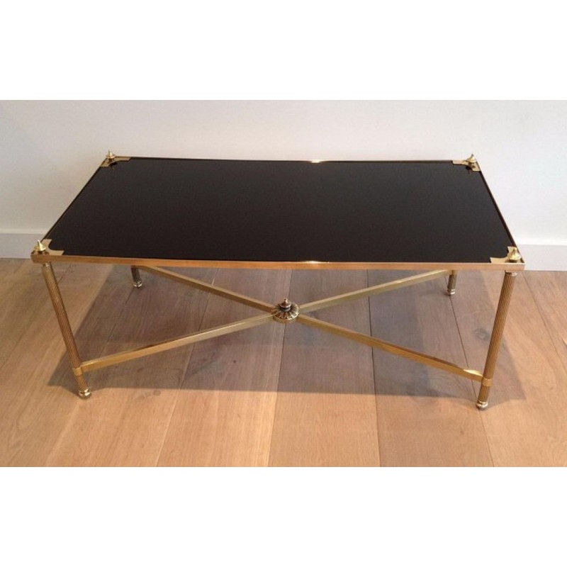 Art Déco Brass Black Lacquered Glass Coffee Table Maison Jansen France circa 1940