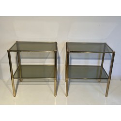 Paire Bouts Canapé Mid-Century Laiton Verre Fumé Travail Français vers 1970
