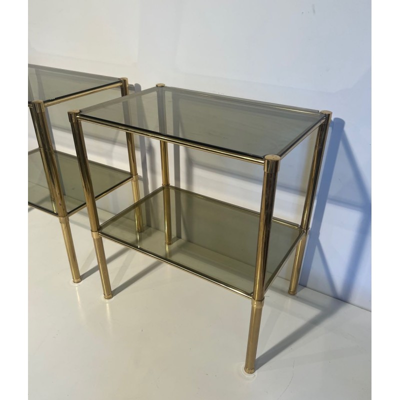 Paire Bouts Canapé Mid-Century Laiton Verre Fumé Travail Français vers 1970