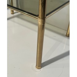 Paire Bouts Canapé Mid-Century Laiton Verre Fumé Travail Français vers 1970