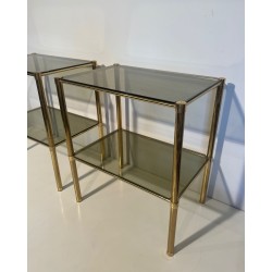 Paire Bouts Canapé Mid-Century Laiton Verre Fumé Travail Français vers 1970