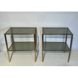 Paire Bouts Canapé Mid-Century Laiton Verre Fumé Travail Français vers 1970