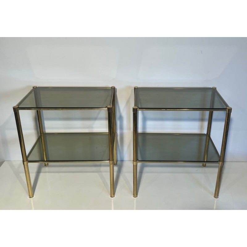 Paire Bouts Canapé Mid-Century Laiton Verre Fumé Travail Français vers 1970