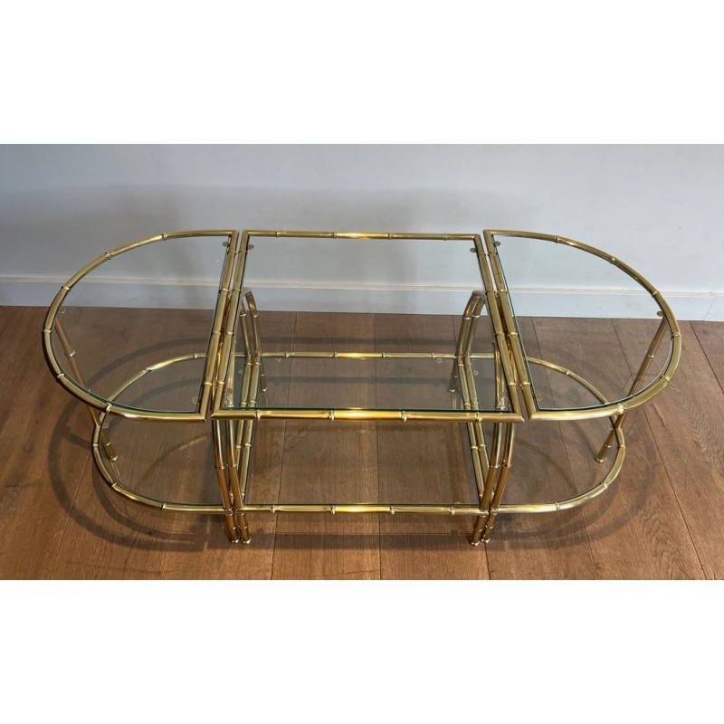 Table Basse Tripartite Art Déco Laiton Faux-Bambou Goût Maison Baguès vers 1940