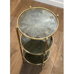 Sellette Ronde en Bronze à Triple Plateaux de Miroirs Eglomisés de la Maison Baguès