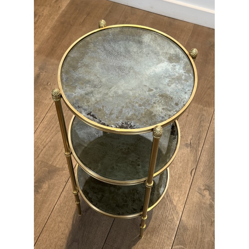 Sellette Ronde en Bronze à Triple Plateaux de Miroirs Eglomisés de la Maison Baguès