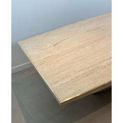 Table Salle à Manger Travertin Laiton Forme Tonneau Willy Rizzo Italie vers 1970
