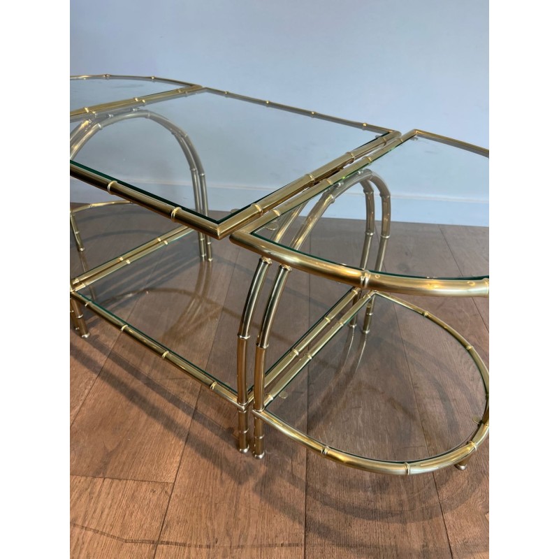 Table Basse Tripartite Art Déco Laiton Faux-Bambou Goût Maison Baguès vers 1940