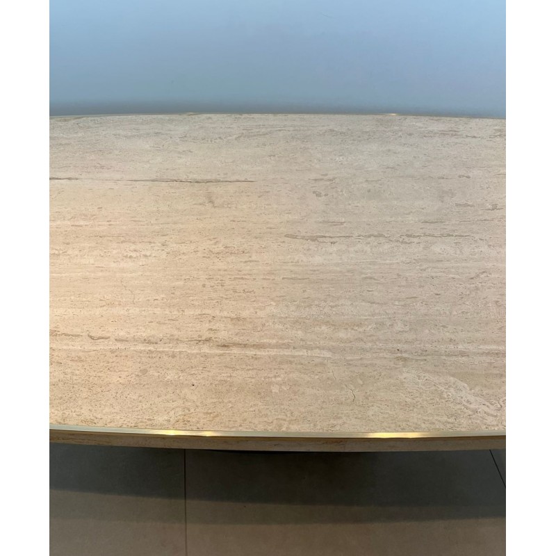 Table Salle à Manger Travertin Laiton Forme Tonneau Willy Rizzo Italie vers 1970