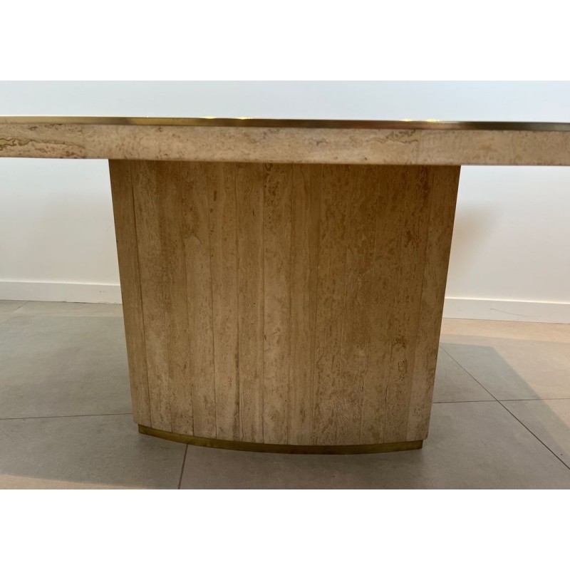 Table Salle à Manger Travertin Laiton Forme Tonneau Willy Rizzo Italie vers 1970
