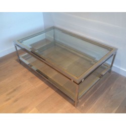 Table Basse à Double Plateau en Chrome et Boules de Laiton aux Angles, Travail Français vers 1970
