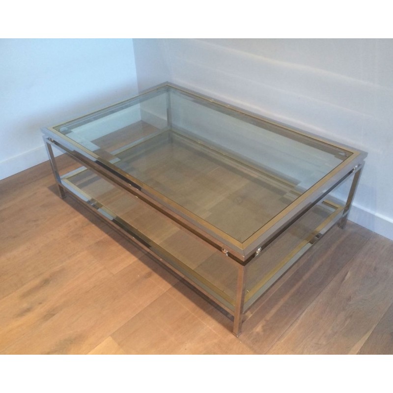 Table Basse à Double Plateau en Chrome et Boules de Laiton aux Angles, Travail Français vers 1970