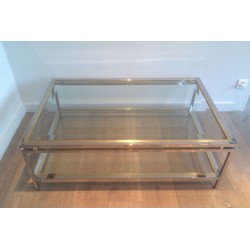 Table Basse à Double Plateau en Chrome et Boules de Laiton aux Angles, Travail Français vers 1970