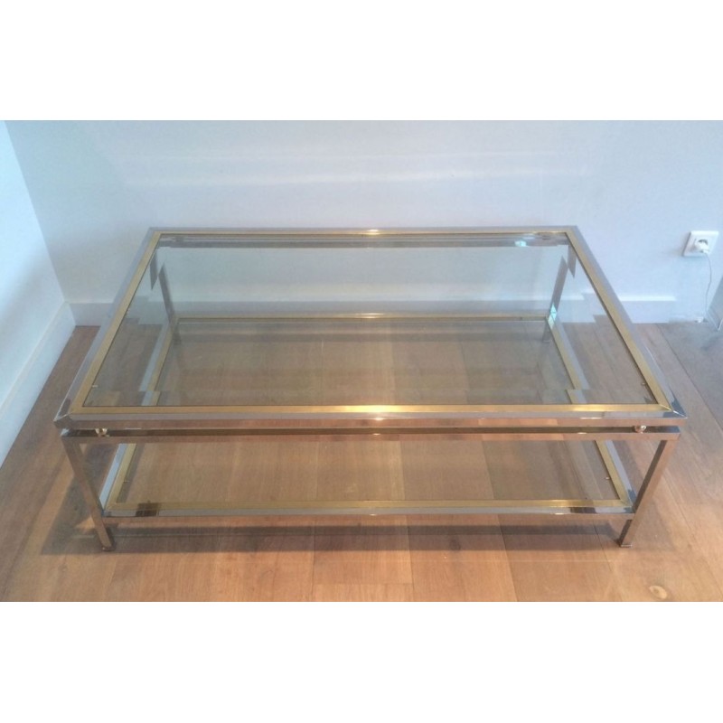 Table Basse à Double Plateau en Chrome et Boules de Laiton aux Angles, Travail Français vers 1970