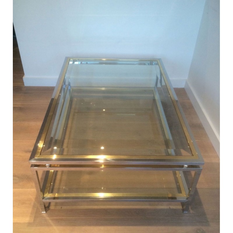 Table Basse à Double Plateau en Chrome et Boules de Laiton aux Angles, Travail Français vers 1970