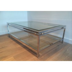 Table Basse à Double Plateau en Chrome et Boules de Laiton aux Angles, Travail Français vers 1970
