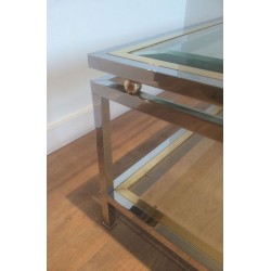 Table Basse à Double Plateau en Chrome et Boules de Laiton aux Angles, Travail Français vers 1970