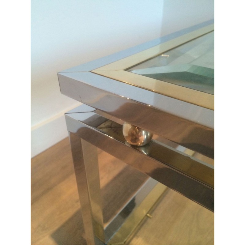 Table Basse à Double Plateau en Chrome et Boules de Laiton aux Angles, Travail Français vers 1970