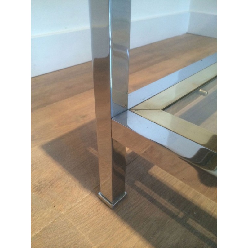 Table Basse à Double Plateau en Chrome et Boules de Laiton aux Angles, Travail Français vers 1970