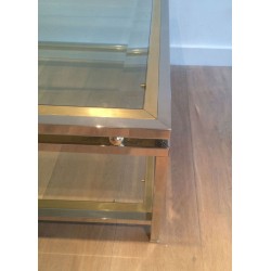 Table Basse à Double Plateau en Chrome et Boules de Laiton aux Angles, Travail Français vers 1970