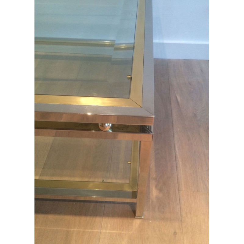 Table Basse à Double Plateau en Chrome et Boules de Laiton aux Angles, Travail Français vers 1970