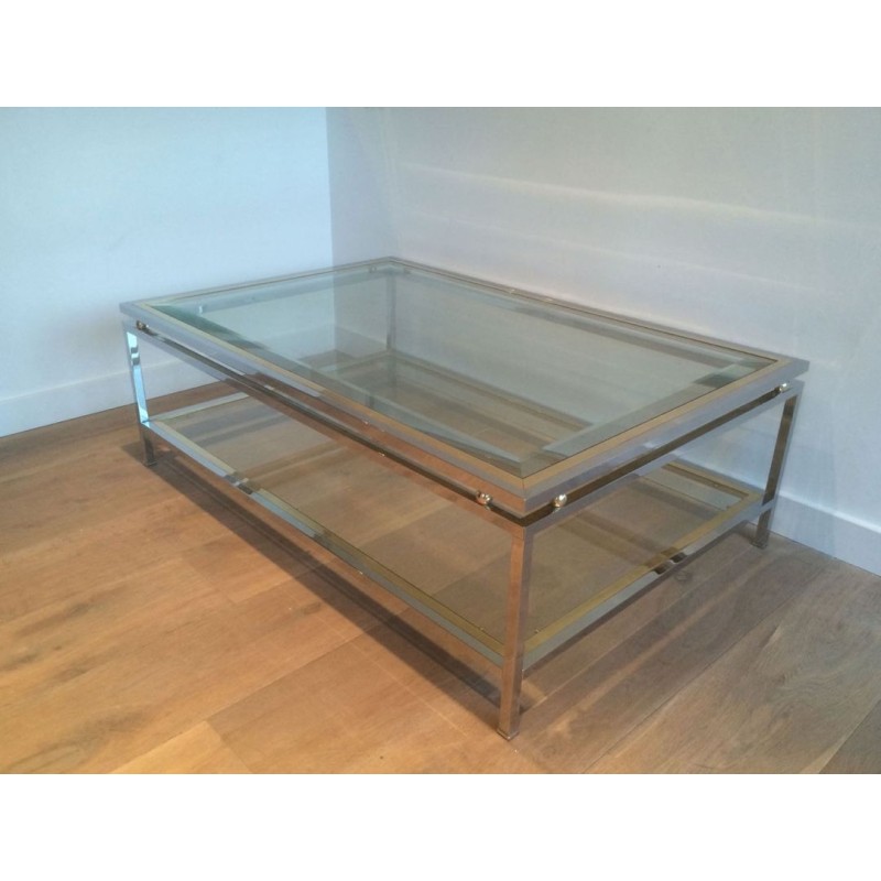 Table Basse à Double Plateau en Chrome et Boules de Laiton aux Angles, Travail Français vers 1970
