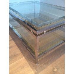 Table Basse à Double Plateau en Chrome et Boules de Laiton aux Angles, Travail Français vers 1970