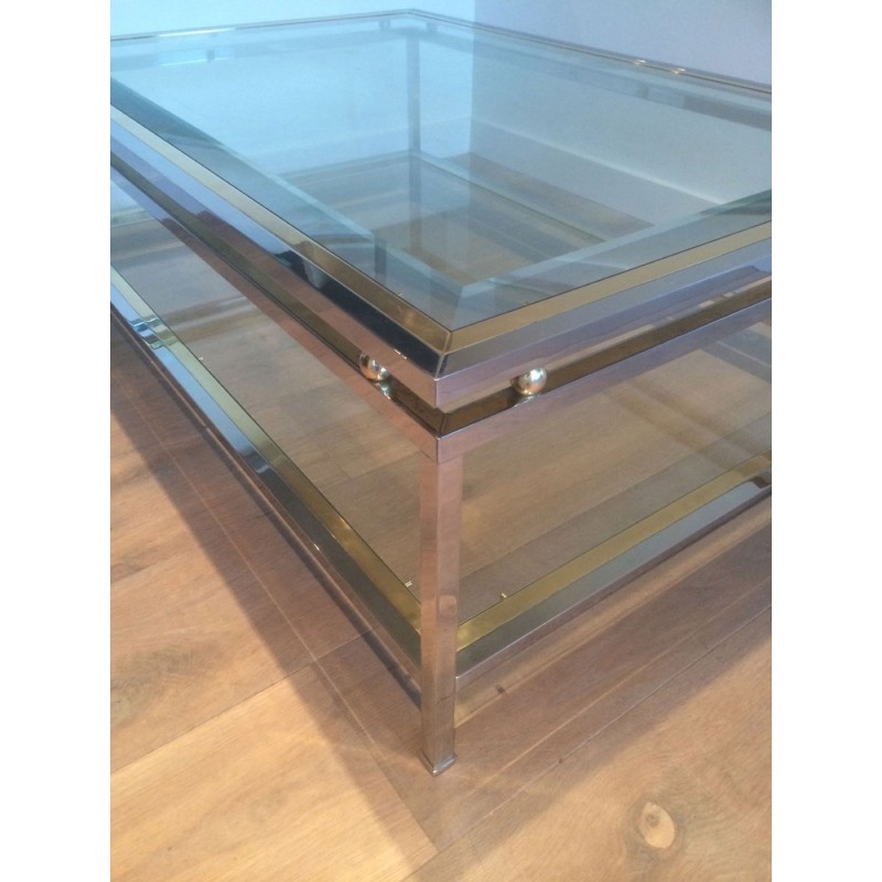 Table Basse à Double Plateau en Chrome et Boules de Laiton aux Angles, Travail Français vers 1970