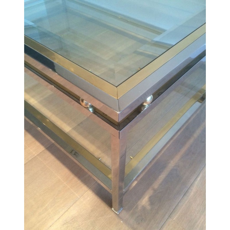Table Basse à Double Plateau en Chrome et Boules de Laiton aux Angles, Travail Français vers 1970