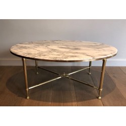 Table Basse Ovale Néoclassique en Laiton et Marbre de Carrare, Maison Jansen, France vers 1940