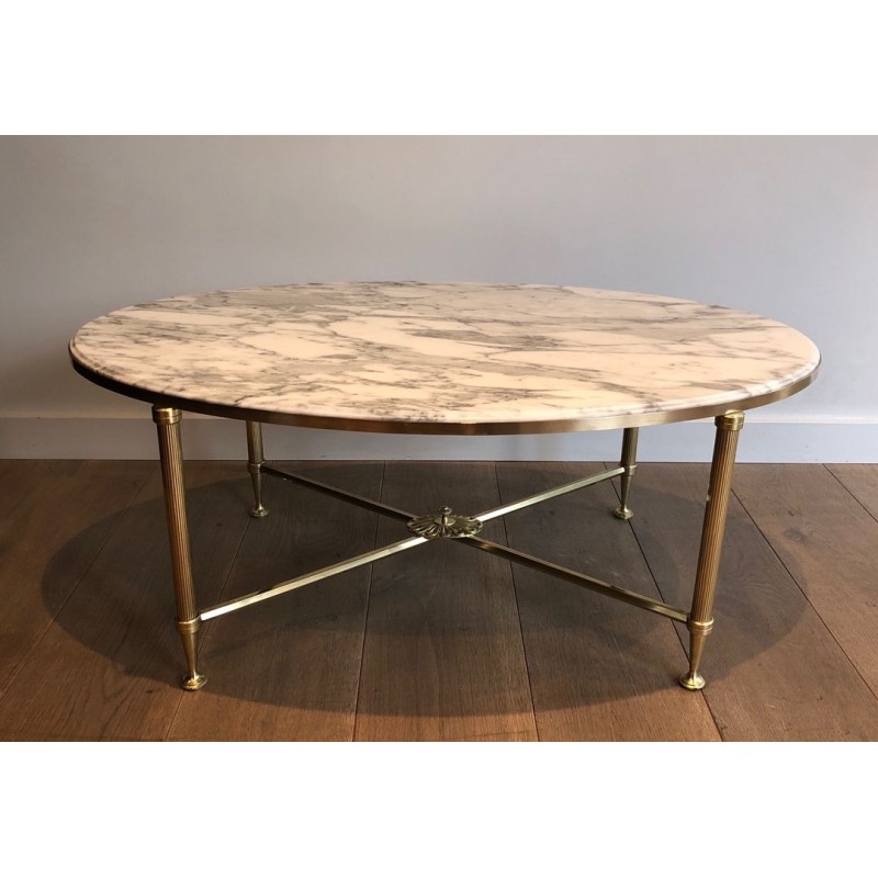 Table Basse Ovale Néoclassique en Laiton et Marbre de Carrare, Maison Jansen, France vers 1940