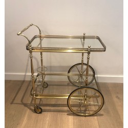 Neoclassical Brass Two-Tier Drinks Trolley with Gallery Rail, in the Style of Maison Jansen, circa 1940